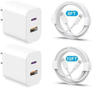 20W Dual Port Fast Charger Block 2-Pack with 6FT & 10FT MFi-Certified Cables, PD/QC3.0 Quick Charge Adapter for iPhone 14/13/12/11 Pro Max/XS/XR/X, iPad, AirPods Pro - Overheat & Surge Protection