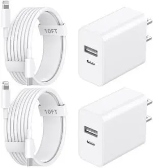 [MFi Certified] iPhone Charger Fast Charging,2Pack 20W Dual Port QC + PD 3.0 Power USB C Wall Charger Block Adapter with 10FT Long USB C to Lightning Cord Compatible with iPhone14 /13/12/11Pro/XR/X/XS