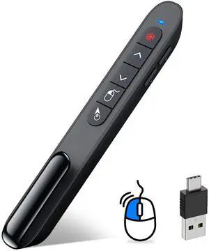 DINOSTRIKE USB-A and USB-C Presentation Clicker with Air Mouse Control, Rechargeable Wireless Presenter Remote PPT Pointer RF 2.4GZ PowerPoint Clicker Slide Advancer for Mac Computer Laptop