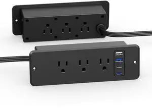 CCCEI 6 Outlets Dual Side Recessed Power Strip with USB C Ports, Furniture Flush Mount, Under Desk, Desk Top Multiple Outlets, Hidden Charging Station for Conference Table, Nightstand, Black. 6FT.
