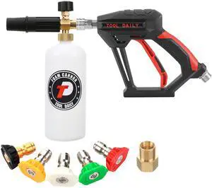 Tool Daily Short Pressure Washer Gun with Foam Cannon, 1/4 Inch Quick Connector, with 5 Pressure Washer Nozzle Tips, 1 Liter