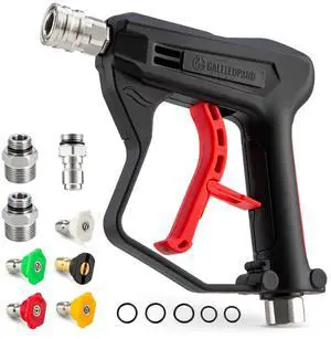 Short Pressure Washer Gun with 1/4" Quick Connector, 4350 PSI High Pressure Washer Gun with 5 Spray Nozzle Tips, 3/8'' Male Plug and M22-14/15mm Fittings, Power Washer Gun Compatible with Foam Cannon