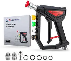 Short Pressure Washer Gun,5000 PSI High Power Washer Gun with 5 Spray Nozzle Tips, 3/8" Quick Connect Plug and M22-14/15mm Fittings, Compatible with Foam Cannon, Nozzle Tips Holder