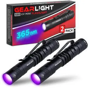 GearLight UV Flashlight S50-365 nm Mini Blacklight Ultraviolet Pen Flashlights for ID Check, Leak AC Detection, Resin Curing - Pet Urine, Scorpion, Stain Handheld Detector - (Pocket Light) - 2 Pack
