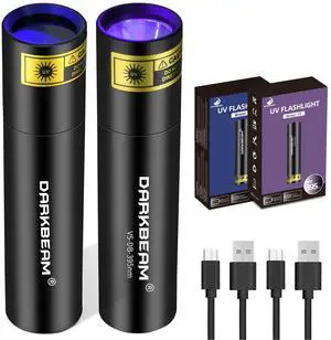 DARKBEAM UV Flashlight 365nm Light and 395nm Blacklight, Mini Powerful Woods Lamp USB-C Rechargeable, LED Ultraviolet Flashlights Pet Urine Detector for Rock, Uranium Glass, Resin Curing, 2 Pack