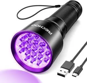 RECHOO UV Flashlight Black Light, 21 LED 395nm Ultraviolet Rechargeable Flashlights UV Light, Waterproof Portable BlackLight Flashlights for Pet Urine Detection, Dry Stains, Bed Bug, Fluorescent Agent