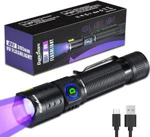 DARKDAWN UV Flashlight 395nm Black Light Mini USB Rechargeable Ultraviolet LED Blacklight Woods Lamp Powerful Fluorescent Portable Detector for Pet Urine Stains, Scorpions, Resin Curing