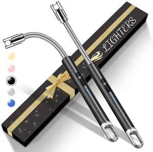 2 PCS Electric Lighter, Candle Lighter Arc Windproof Flame-Less with 360° Flexible Neck & LED Power Display, Type-C Rechargeable for BBQ, Grill, Camping, Fireplace, Stove