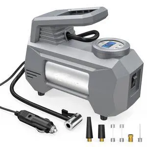 HAUSBELL 150 PSI Tire Inflator Portable Air Compressor for Car Tires, Air Pump for Car, 12V DC-Powered Tire Pump with Valve Adapter, Digital Pressure Gauge, Emergency LED Light for Bicycle, Grey