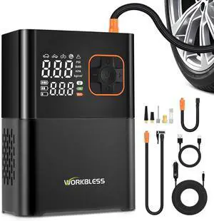WorkBless Tire Inflator Portable Air Compressor, 150 PSI Car Tires Air Pump, Bike Pump with Digital Dual Values Display, LED Lights, Automatic Shut Off for Cars, Motorcycles, Bikes, Balls