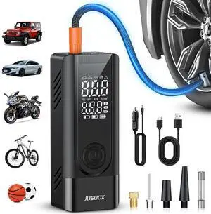 JUSUOX Tire Inflator Portable Air Compressor, 150PSI Cordless Air Pump for Car Tires, Battery & 12V DC Dual Power Electric Bike Tire Pump with Digital Pressure Gauge, LED Light, for Motorcycle, Ball