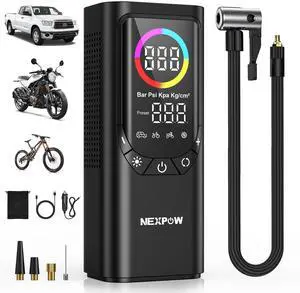 Tire Inflator Portable Air Compressor, NEXPOW 150PSI & 9000mAh Cordless Air Pump with Digital Tire Pressure Gauge, Accurate Dual LCD Display & LED Light, Tire Inflator for Car,Motorcycle,Bike,Balls