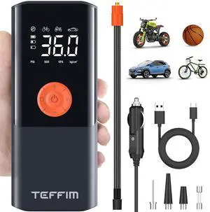 Teffim Tire Inflator Portable Air Compressor with Digital Pressure Gauge, 12V Smart Air Pump for Car Tires, Motorcycle, SUV, Electric Bike, Bicycle, Sports Balls with 10000mAh Battery & LED Light
