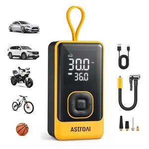AstroAI L7 Air Tire Inflator Portable Air Compressor, 150PSI Electric Cordless Bike Pump with Fast 1-min Inflation, Auto Shutoff, LED Light  Rechargeable for Car, SUV, Motorcycle, Bike Tires, Yellow