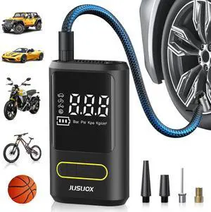 JUSUOX Tire Inflator Portable Air Compressor, Electric Bike Pump with Digital Pressure Gauge, 150 PSI Cordless Air Pump for Car Tires, Motorcycle, Bicycle, Ball with Auto Shutoff, LED Light
