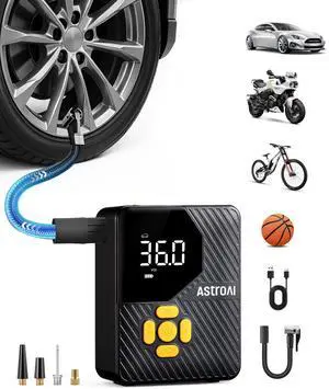 AstroAI L7 Mini Tire Inflator Portable Air Compressor,150 PSI Cordless Car Tires Air Pump with LED Lights&Pressure Gauge,Auto Shut-Off - Tire Pump for Auto,Motorcycle, Bicycle, Ball Yellow