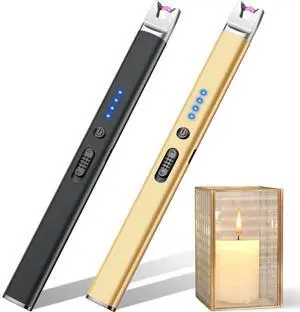 LcFun 2 Pack Candle Lighter Electric USB Rechargeable Plasma Arc Lighter with Safety Lock, Windproof Flameless Long Lighters for Candle, Grill, BBQ, Camping, Gas Stoves (Black, Gold)