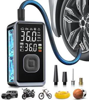 Tire Inflator Portable Air Compressor, 150PSI Cordless Mini Air Pump with Digital Pressure, Bike Pump, 3X Fast Inflation Tire Inflator for Car, Motorcycle, Bike, Ball-LED Light and Auto Shut-Off