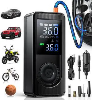 Tire Inflator Portable Air Compressor - 150 PSI Fast Inflation Rechargeable Battery & 12V DC Adapter Powered Air Pump for Car Bike Motorcycle Tires Balls with LCD Display, LED Light, Pressure Gauge
