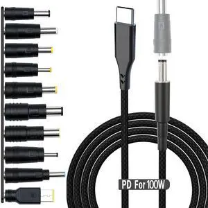 USB C to DC Adapter,Universal Charger Supply 100W PD Power Cable & 5.5x2.1mm Round Barrel Jack,with 10PCS Power Plug Kit,for Toshiba Samsung Acer Asus Lenovo Dell HP Laptop Charging Connector