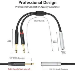 6.35mm 1/4 TRS Female To Dual 6.35mm TS Male Y Splitter Cable Stereo Breakout Cable for Mixer Speakers and Home Stereo System