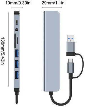 8 Port USB C Expander USB3.0 Type C Splitter Aluminum Alloy Type C Hub Concentrator Docking Station for Tablet Cell Phone