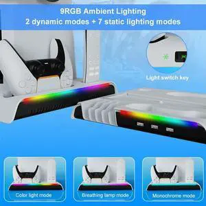 For PS 5 Slim/PS 5 Pro Stand Dual Controller Charger with Headphone Hook Vertical Cooler System 3 Levels Cooling Fan RGB Lights