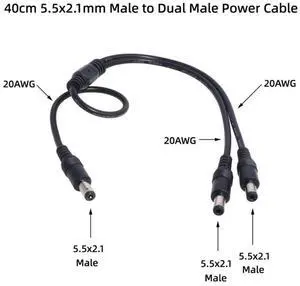5.5mm*2.1mm 1 Male to 2 Male Connector Male to Male Plug DC Power Splitter Cable CCTV LED Strip Light Power Supply Adapter