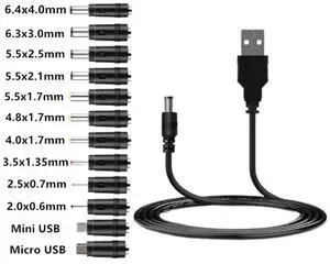 Universal USB to 5V DC Power Cord Charging Cable 5.5x2.1mm Jack With 12 Interchangeable Plug Adapter Micro USB Mini USB DC Plug