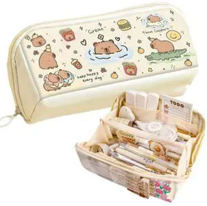 Cute Pencil Bag Large Capacity Kawaii Zipper Pencil Case Multi-Layer Capybara Stationery Holder Bag School Supplies