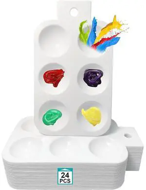 24pcs Plastic Paint Pallets with Hanging Hole Paint Trays 6 Well Painting Trays for Kids on School Project Or Art Class