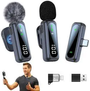 2 Pack Wireless Microphone with Noise Cancellation Mini Microphone Plug and Play Wireless Mic for Android/Video Recording