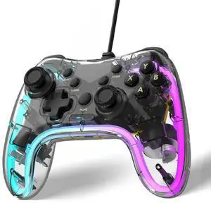 RGB Game Controller with Turbo Function Transparent Wired Games Handle Gaming Accessories Wired Gamepad Controller for PS Switch