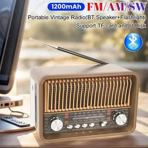 Vintage Radio with BT Speaker LED Flashlight Retro Radio for Home Bedroom Living Room Kitchen