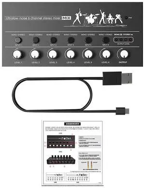 6-Channel Mini Audio Mixer Ultra Low Noise Sound Mixer Easy Operation Stereo Mixer for Guitars Bass Keyboards Mixer