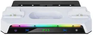Shelf Floating Mount with Dual Controller Charger RGB Light Wall Stand W/ Headset Holder for Slim/Console Disc & Digital
