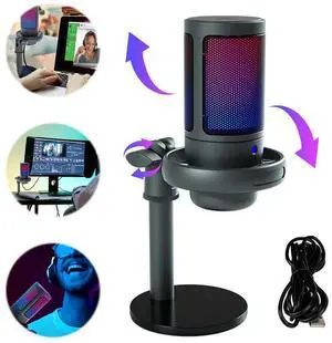 USB Computer Microphone RGB PC Mic with Pop Filter PC Condenser Mic for Studio Recording Streaming Content Creation