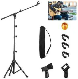Microphone Stand Tripod Boom Arm Mic Holder with Carrying Bag and 2 Mic Clips Height Adjustable for Singing Performance