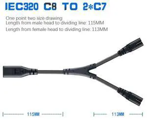 IEC320 C8 To 2X C7 Y Split AC Power Cord, IEC Figure 8 Male To 2 Female 1 In 2 Out AC Power Cable