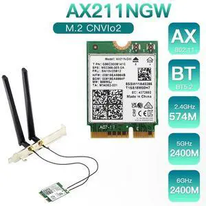 Wireless Network Card AX211NGW+Dual Antenna 6E M.2 Key E Cnvio2 2.4Ghz/5Ghz 802.11Ac Bluetooth 5.2 Adapter