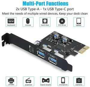USB PCIE Card 18W Power Delivery, PCI Express 3 Port (Type C, 2 X Type A) PCIe USB 3.0 Fast Charging Card Expansion Card