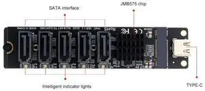 Type C to 5-Port SATA 3.0 Adapter Card 6Gbps JM575&JMS580 Chip USB C to SATA 3.0 Expansion Card Plug & Play Riser Card