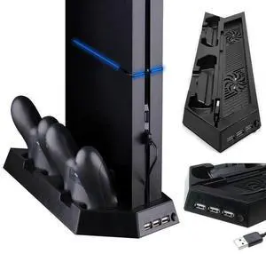 All-In-One Dual Cooler Fans Cooling Station Vertical Stand with 2 Controller Charging Dock station For 4 For PS4