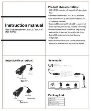 USB 2.0 Extender Over Cat5 Cat5e Cat6 Ethernet Cable Transfer Up To 100M RJ45 Receiver With DC5V/2A Power Adaptor