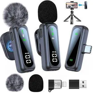 2 Pack Wireless Lavalier Microphone with Noise Cancellation Wireless Microphone Plug and Play Wireless Mic for Android/