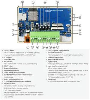 ESP32-S3 4.3inch LCD 800x480Pixels Captive Touch Screen Development Board BTLE5.0 65K-RGB with Sensor/CAN/I2C/RS485