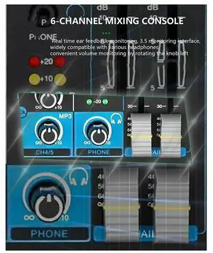 6-Channel Small Multi-Function Mixer for Stage Performances, Karaoke Live Broadcast, with USB Bluetooth Mixer