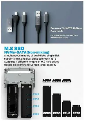 M.2 NVME SSD Enclosure Dual Drive Bay For M2 Nvme 2230 2242 2260 2280 Type-C USB 3.2 Gen2 20Gbps External Hard Case