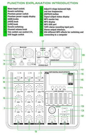 4 Channel 256DSP Audio Mixer USB Studio Bluetooth DJ Console Mixer Portable DJ Karaoke Mixing Console