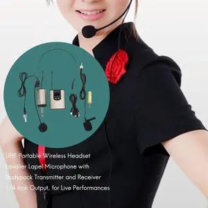 UHF Portable Wireless Headset/ Lavalier Lapel Microphone With Bodypack Transmitter And Receiver 1/4 Inch Output, For Live P